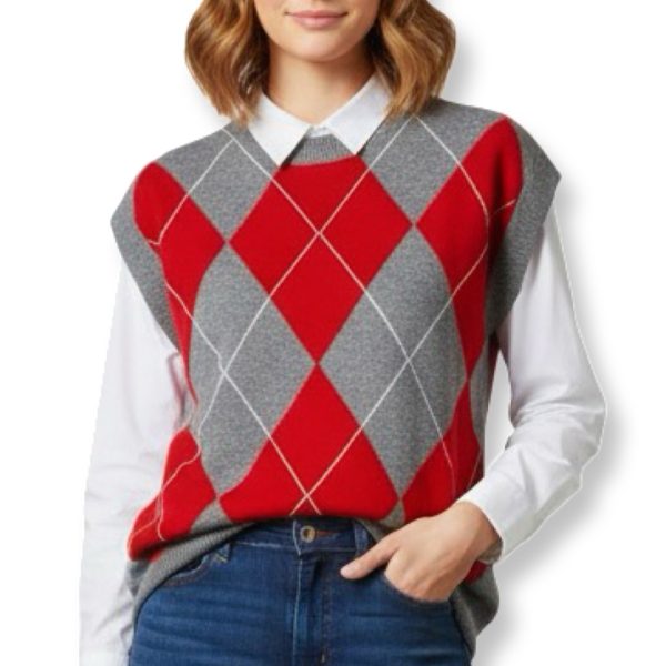 Maryley | וסט מעויינים סרוג אופנתי בצבע אפור-אדום מארילי