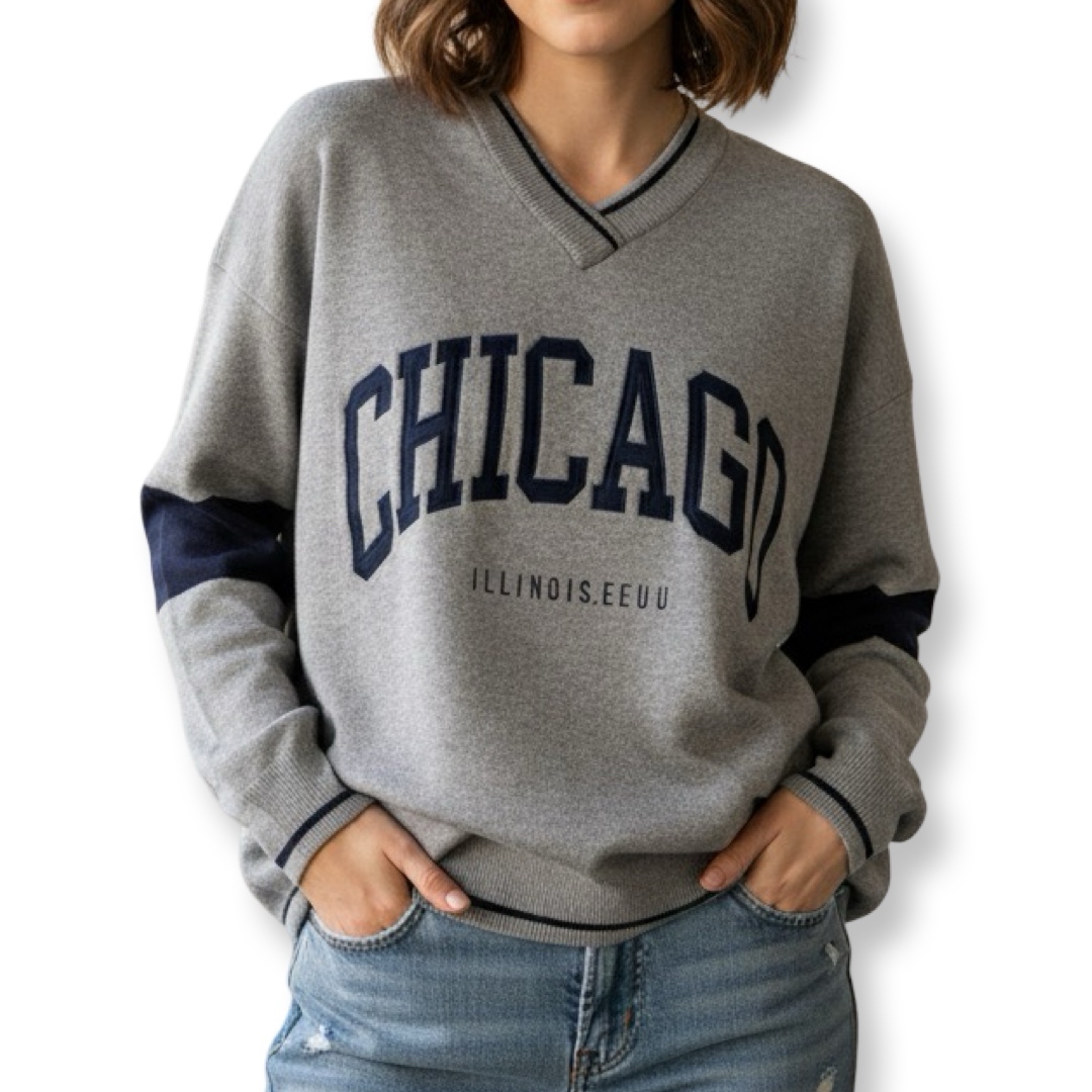 J-Clair | סוודר אוברסייז אופנתי שיקגו צבע אפור-כחול ג׳וקלייר