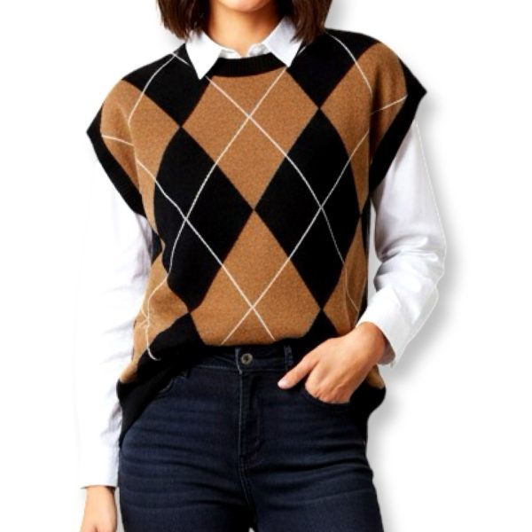 Maryley | וסט מעויינים סרוג אופנתי בצבע שחור-חום מארילי