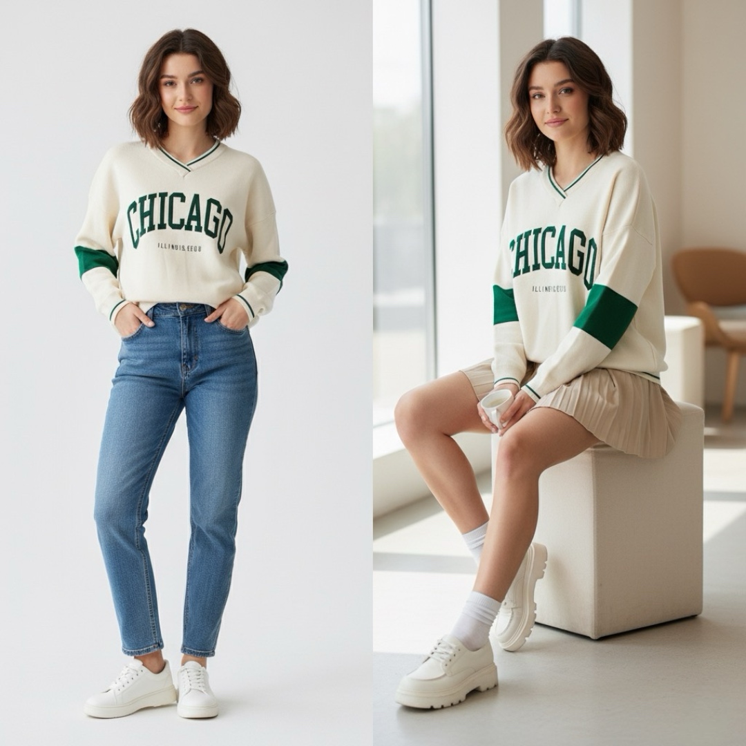 J-Clair | סוודר אוברסייז אופנתי שיקגו צבע אופוויט-ירוק ג׳וקלייר