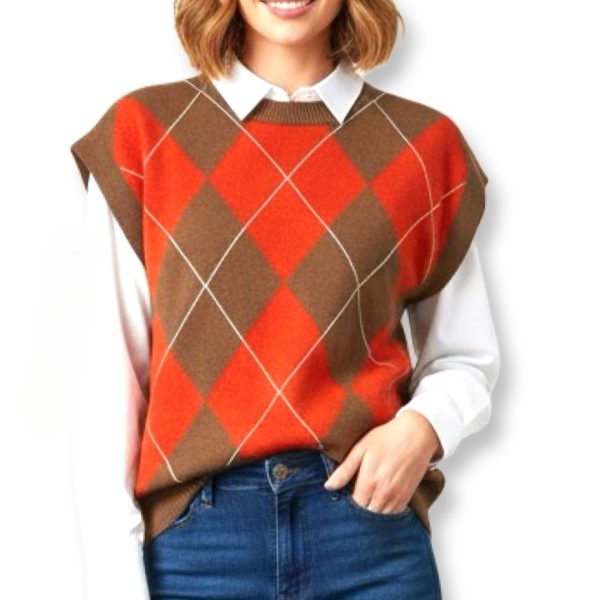 Maryley | וסט מעויינים סרוג אופנתי בצבע חום-כתום מארילי