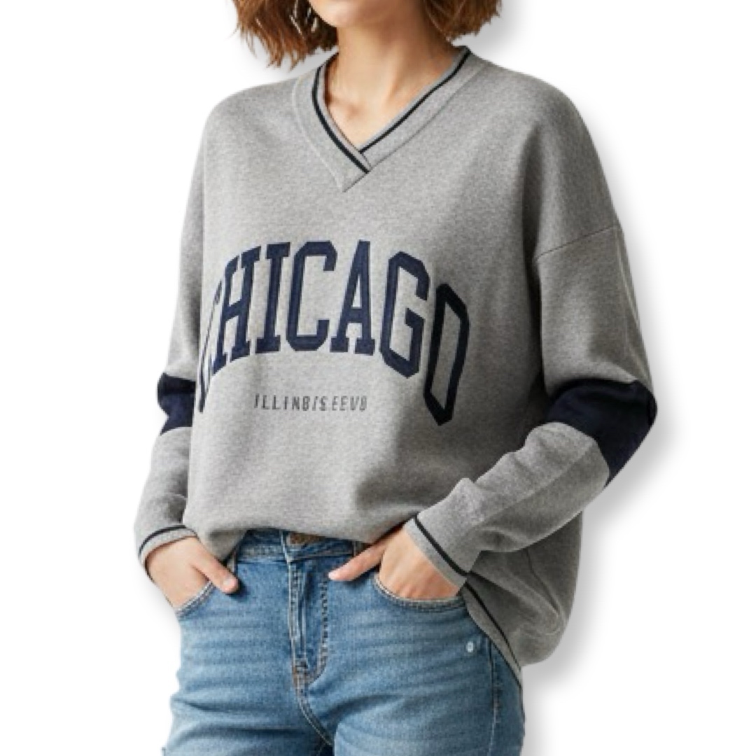 J-Clair | סוודר אוברסייז אופנתי שיקגו צבע אפור-כחול ג׳וקלייר