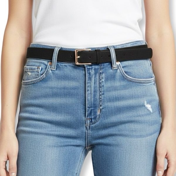 LeaLab | חגורת עור הפוך קלאסית עם אבזם מוזהב צבע שחור ליאלב