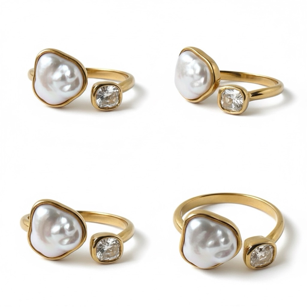 Joyas -טבעת פתוחה צבע זהב פנינה וקריסטל ג'ויה