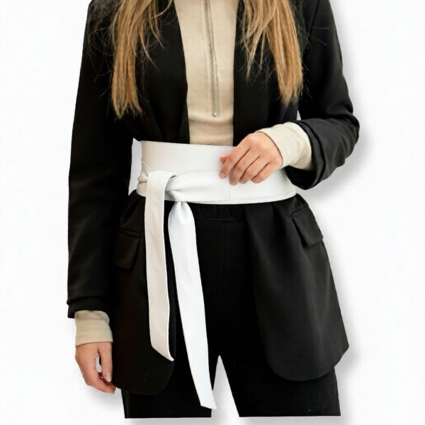 LeaLab | חגורת קשירה עור רחבה צבע לבן ליאלב