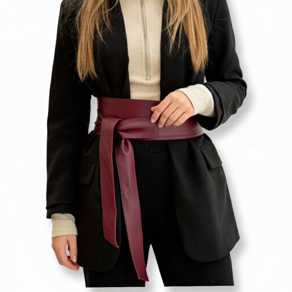 LeaLab | חגורת קשירה עור רחבה צבע בורדו ליאלב