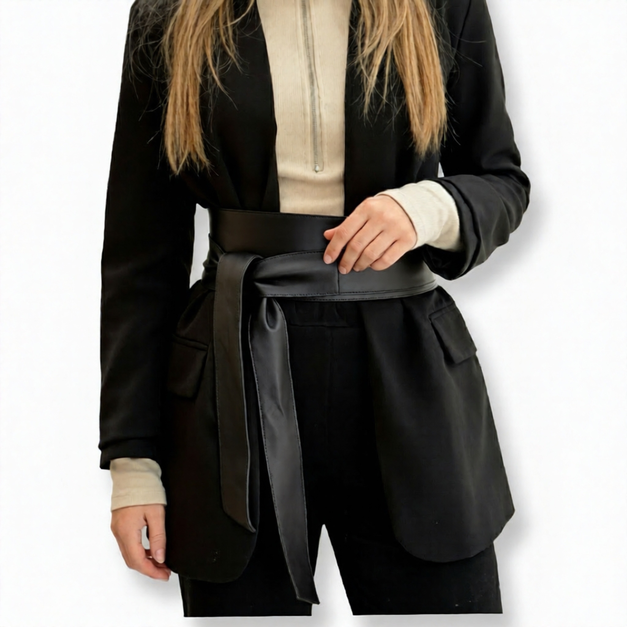 LeaLab | חגורת קשירה עור רחבה צבע שחור ליאלב