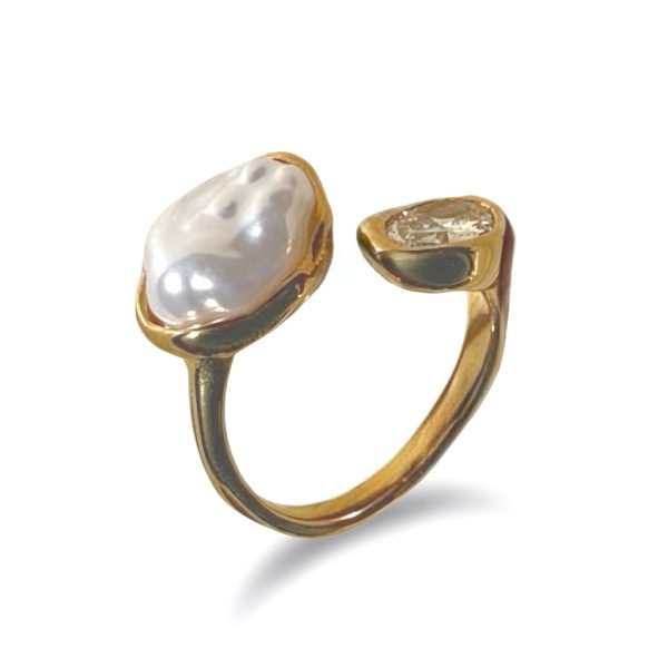 Joyas -טבעת פתוחה צבע זהב פנינה וקריסטל ג'ויה