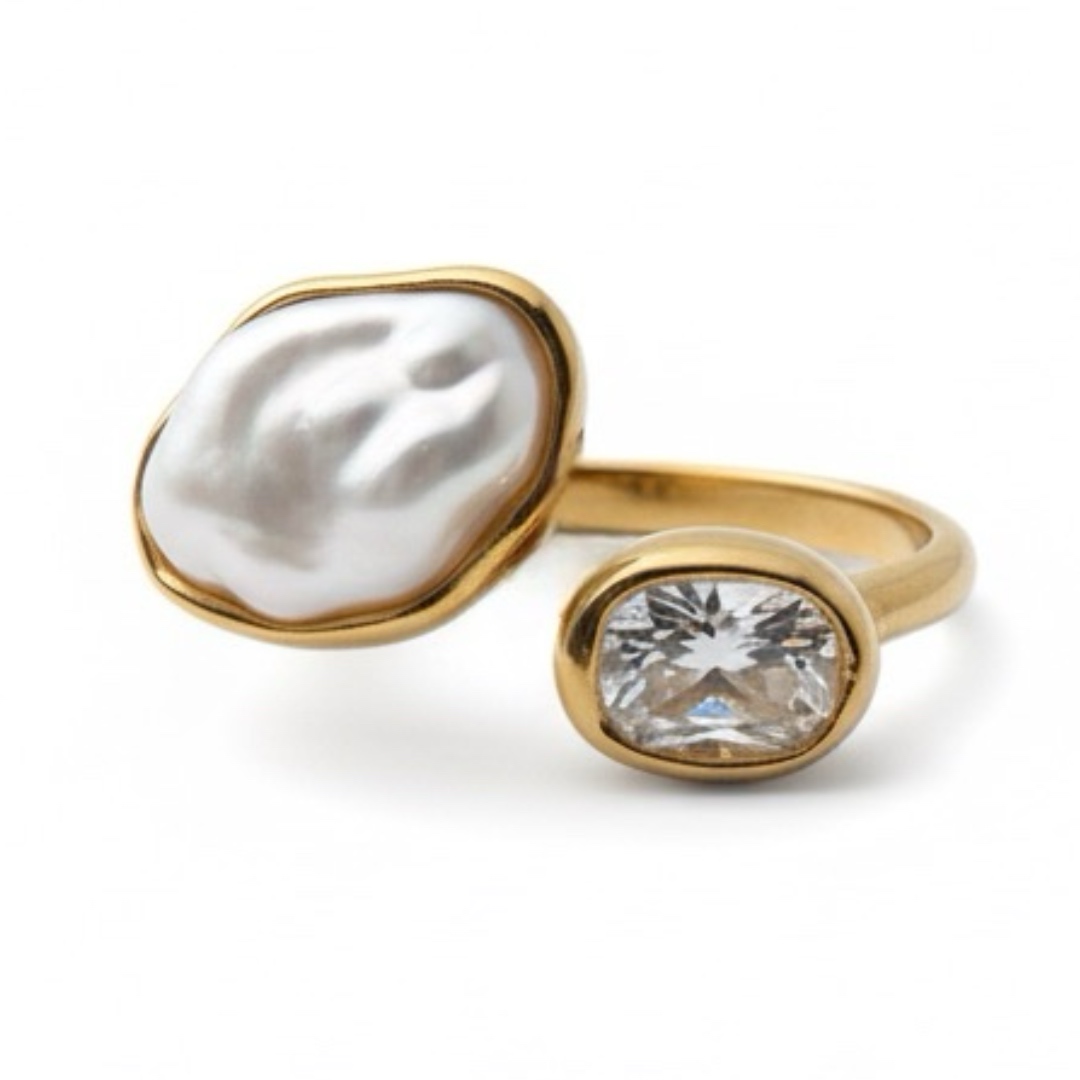 Joyas -טבעת פתוחה צבע זהב פנינה וקריסטל ג'ויה