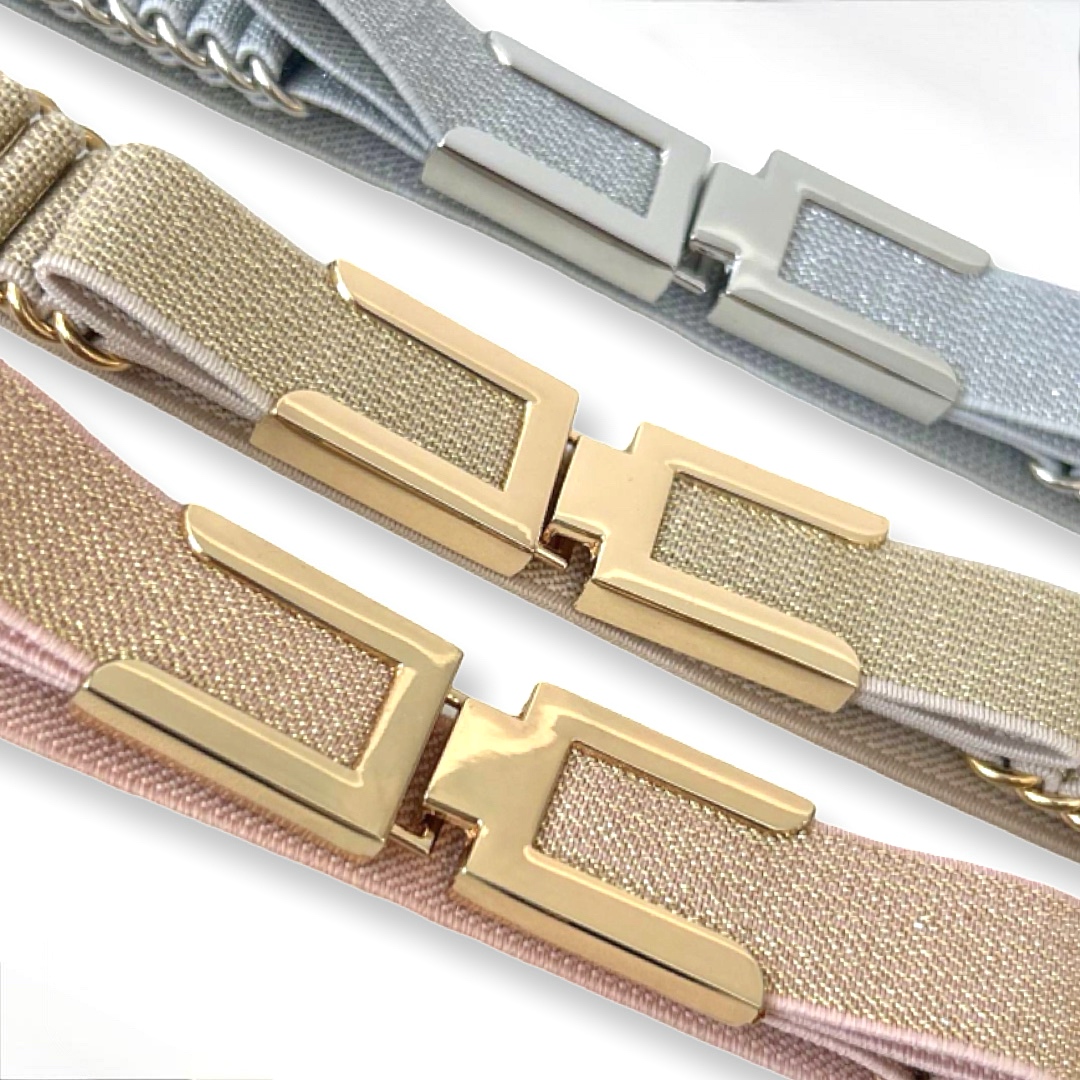 LeaLab | חגורה אלסטית נצנצים אלגנטית עם סגירת לחיצה צבע זהב ליאלב