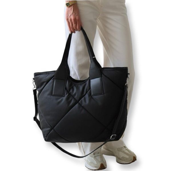 LeaLab | תיק כתף גדול פאפר מרופד מבד ניילון צבע שחור ליאלב