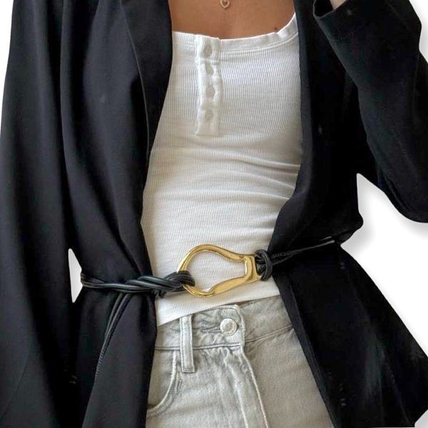 LeaLab | חגורת קשירה מעוצבת ואלגנטית עם אבזם זהב צבע שחור ליאלב