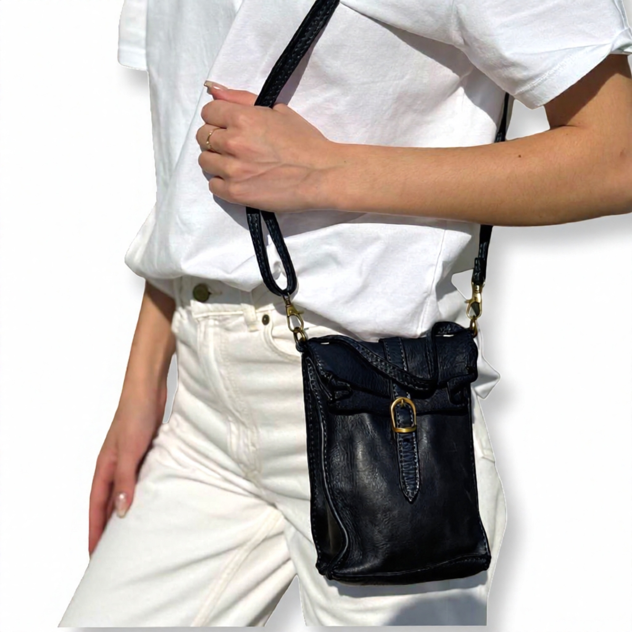 תיק צד מיני-וינטג מעור טבעי עם אבזם צבע שחור ליאלב – תמונה 4