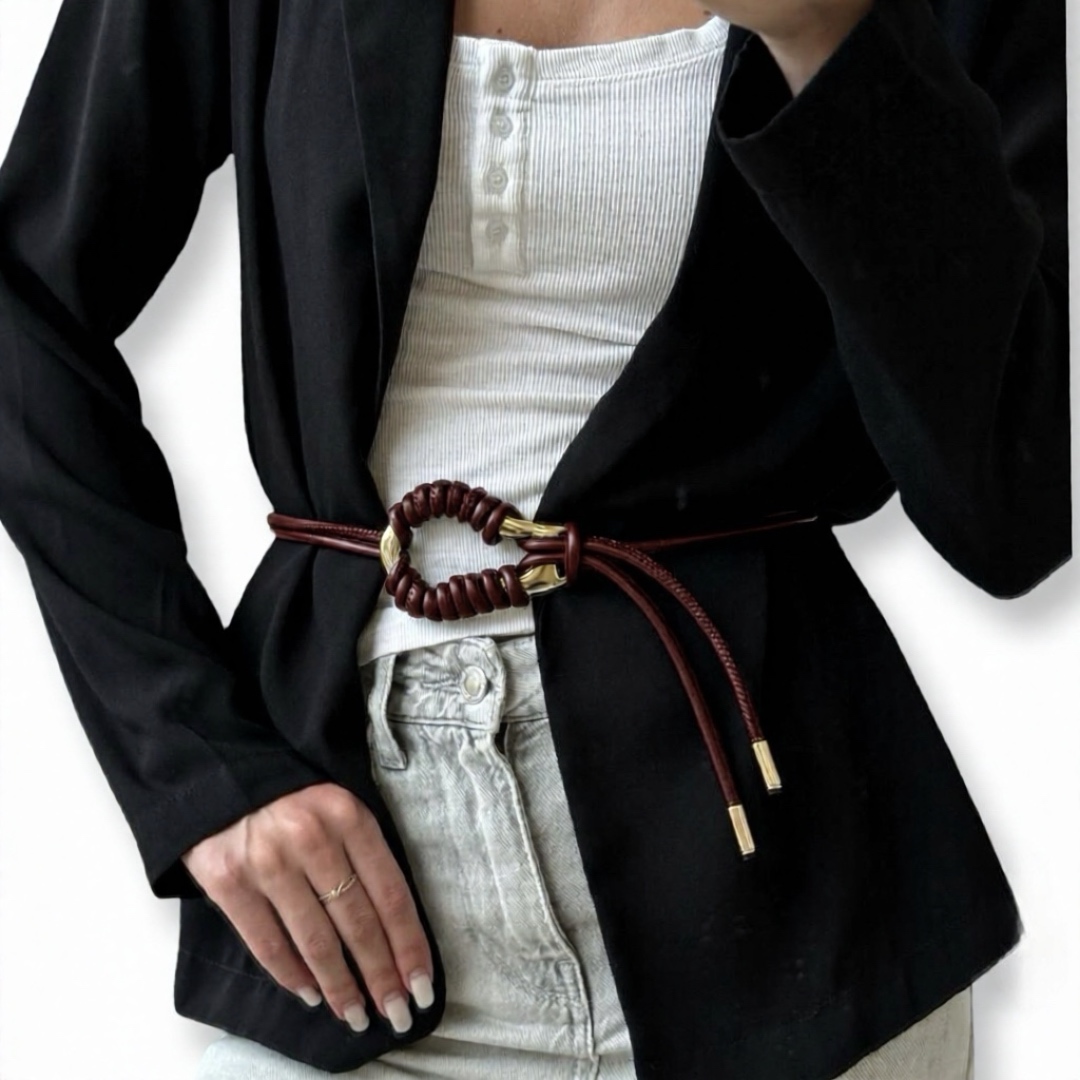 LeaLab | חגורת קשירה מעוצבת ואלגנטית עם אבזם זהב צבע חום ליאלב