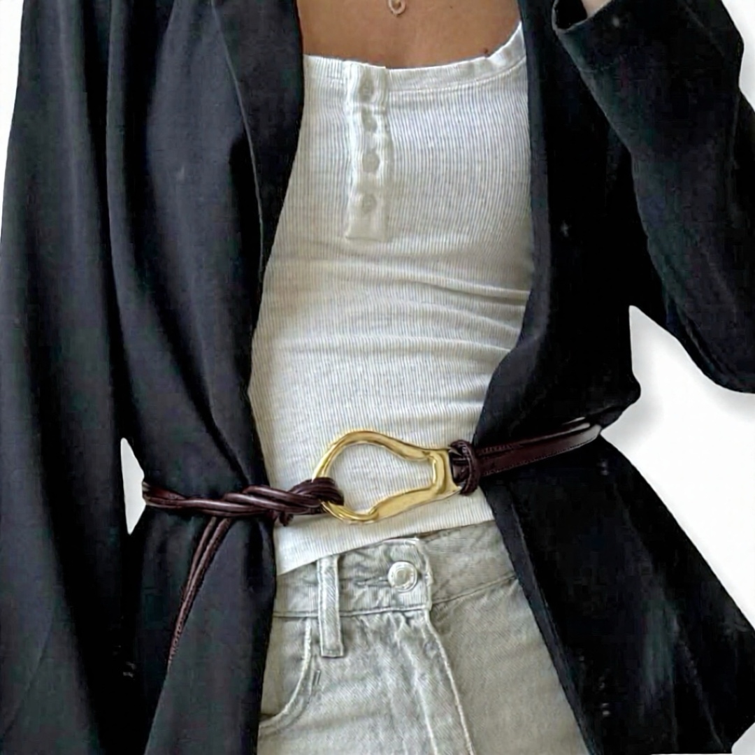 LeaLab | חגורת קשירה מעוצבת ואלגנטית עם אבזם זהב צבע חום ליאלב