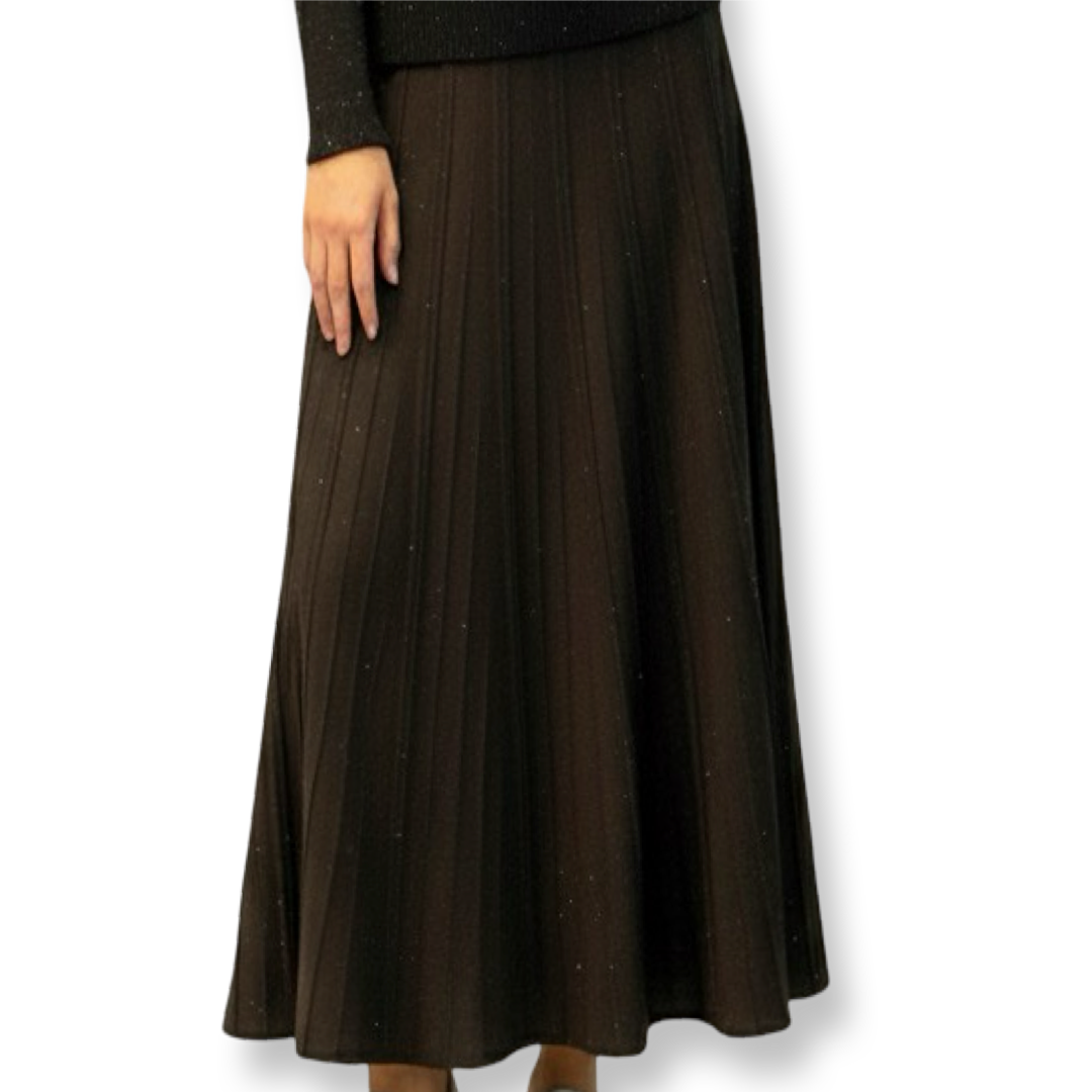 J-Clair | חצאית ארוכה פליסה-קפלים סרוגה נוצצת "שיק פריזאי" צבע חום ג׳וקלייר