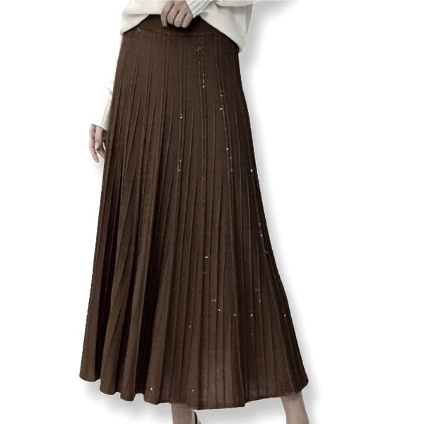 J-Clair | חצאית ארוכה פליסה-קפלים סרוגה נוצצת "שיק פריזאי" צבע חום ג׳וקלייר