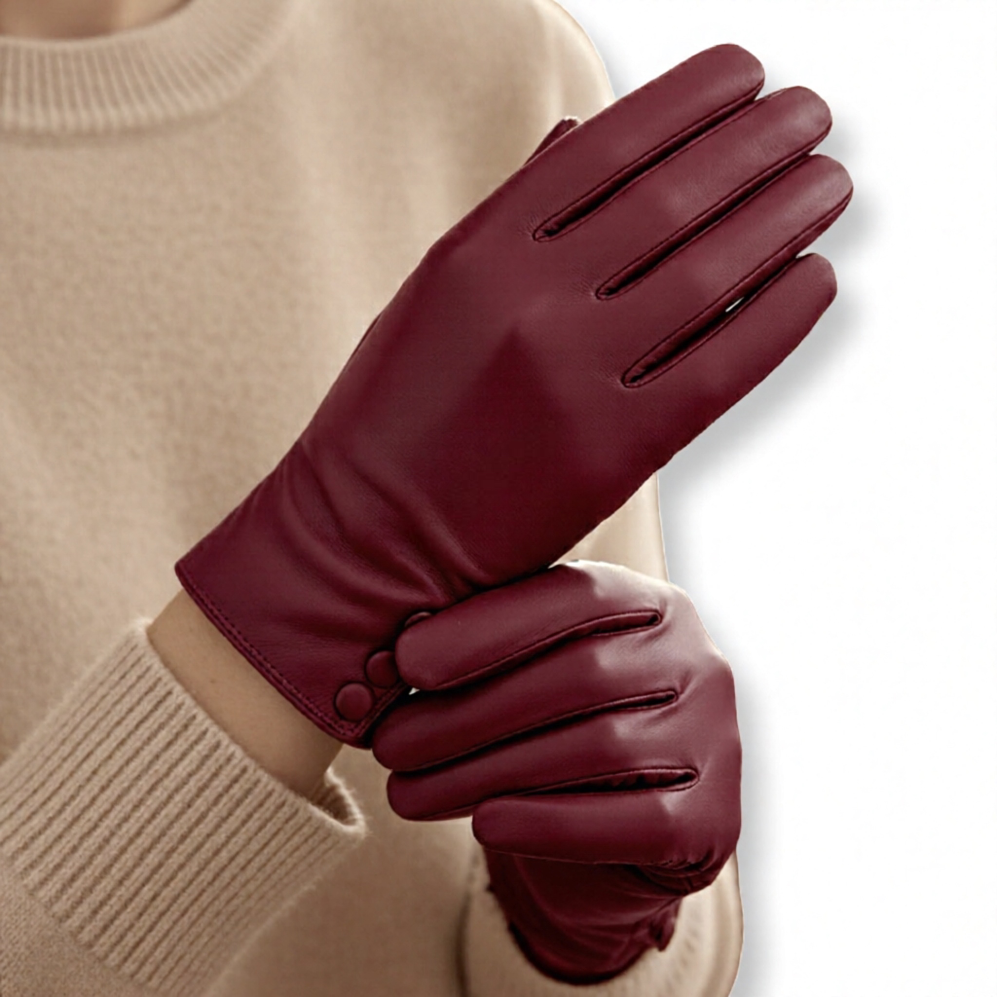 S&J | כפפות עור אלגנטיות "מארסלה" עם כפתורים צבע בורדו סי אנד ג׳י
