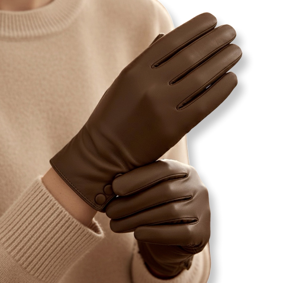 S&J | כפפות עור אלגנטיות "מארסלה" עם כפתורים צבע חום סי אנד ג׳י