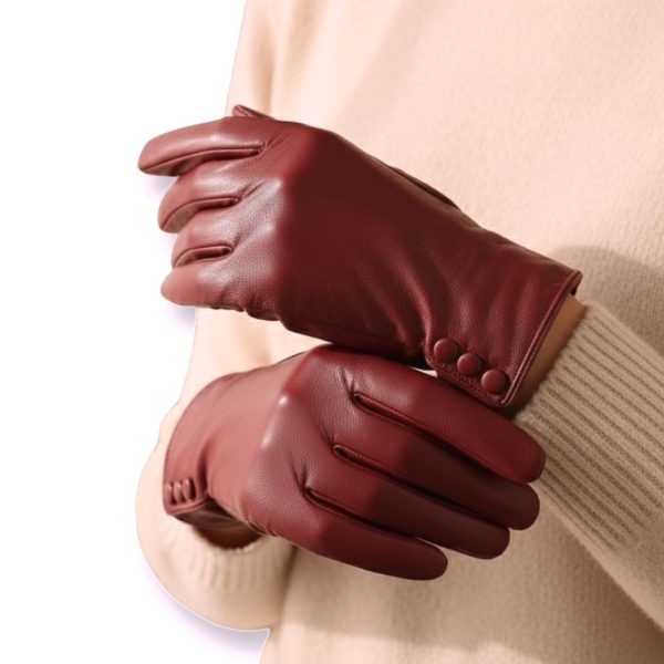 S&J | כפפות עור אלגנטיות "מארסלה" עם כפתורים צבע בורדו סי אנד ג׳י