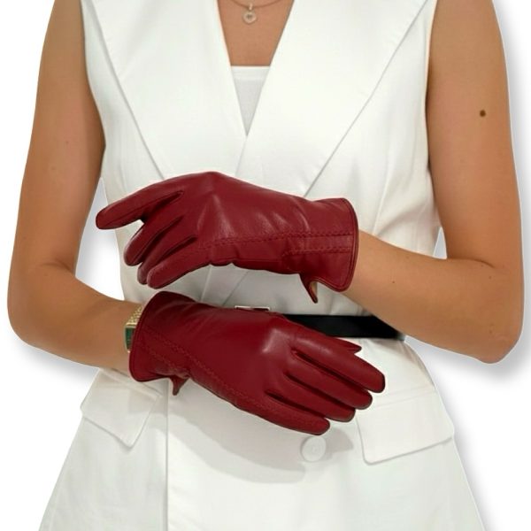 S&J | כפפות עור אלגנטיות בתפר קלוע צבע בורדו סי אנד ג׳י