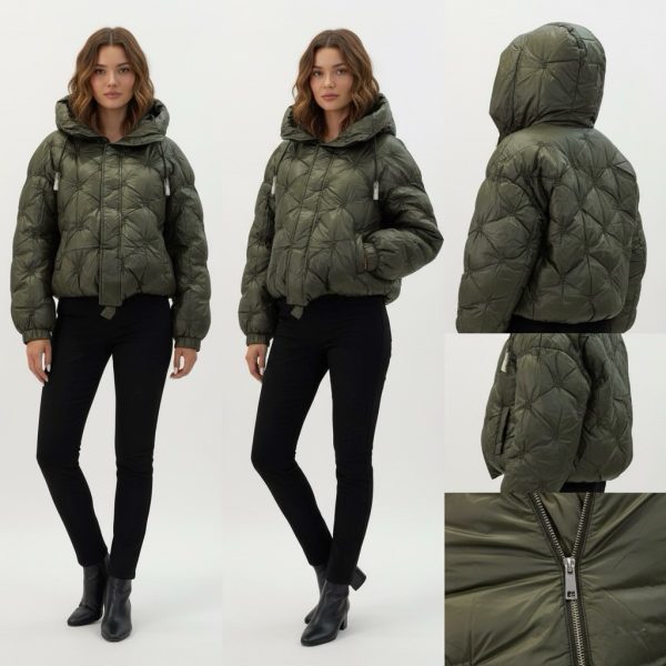 J-Clair | מעיל פוף קווילט מרופד יוקרתי עם קפוצ'ון צבע ירוק זית ג׳וקלייר