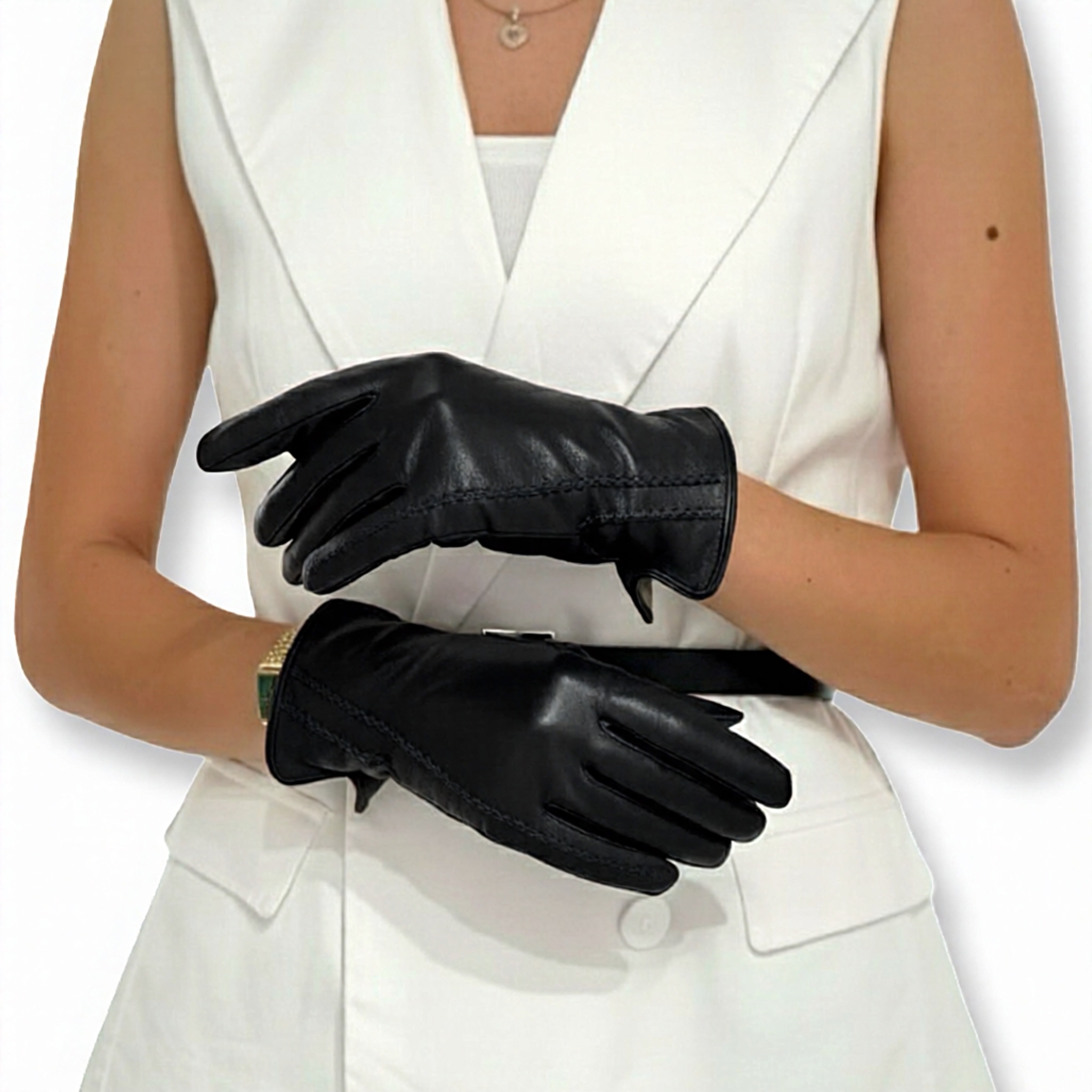 S&J | כפפות עור אלגנטיות בתפר קלוע צבע שחור סי אנד ג׳י