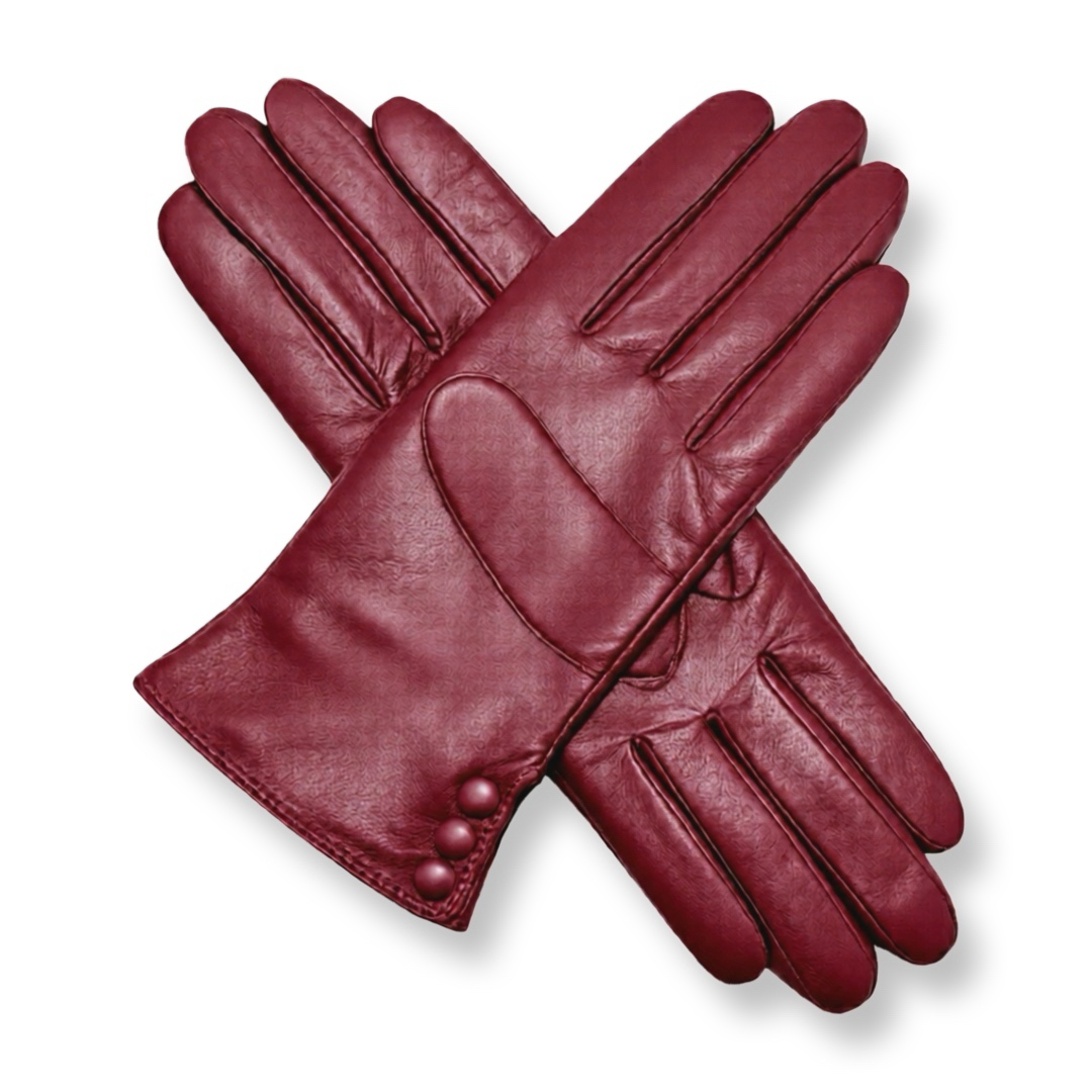 S&J | כפפות עור אלגנטיות "מארסלה" עם כפתורים צבע בורדו סי אנד ג׳י