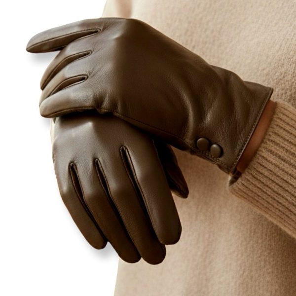 S&J | כפפות עור אלגנטיות "מארסלה" עם כפתורים צבע חום סי אנד ג׳י