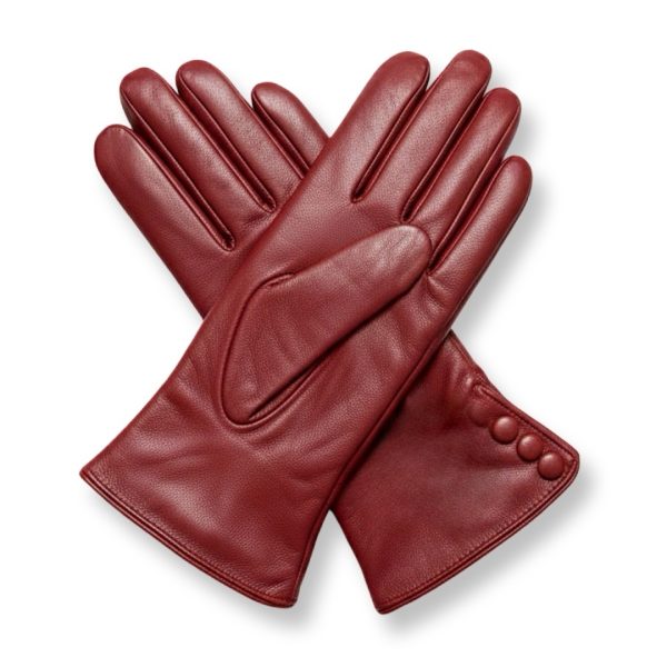 S&J | כפפות עור אלגנטיות "מארסלה" עם כפתורים צבע בורדו סי אנד ג׳י