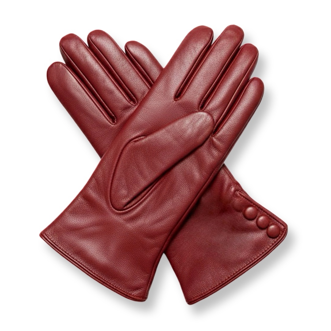 S&J | כפפות עור אלגנטיות "מארסלה" עם כפתורים צבע בורדו סי אנד ג׳י