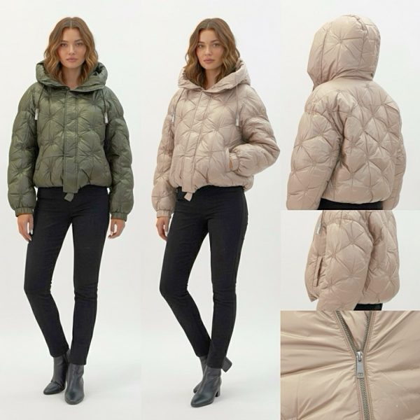 J-Clair | מעיל פוף קווילט מרופד יוקרתי עם קפוצ'ון צבע בז' מטאלי ג׳וקלייר