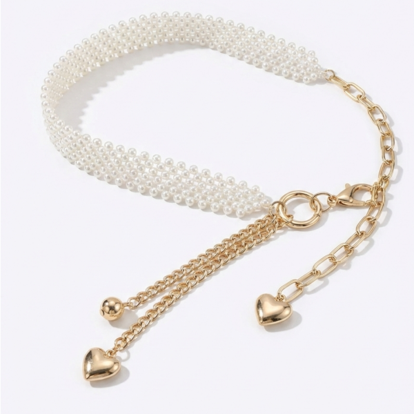 LeaLab | חגורת מותן משובצת פנינים עם שרשראות זהב ותליוני לבבות ליאלב