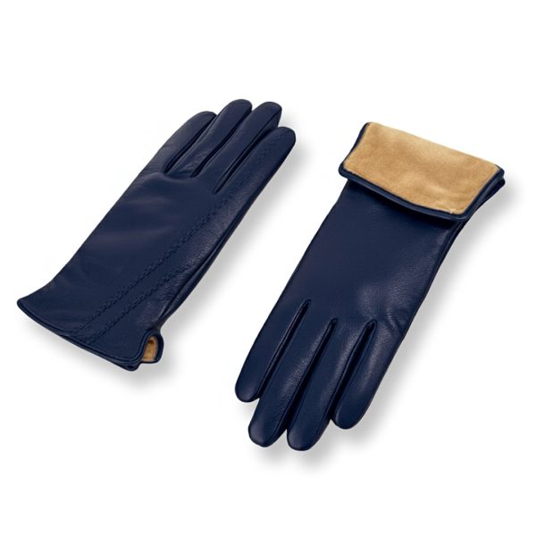 S&J | כפפות עור אלגנטיות בתפר קלוע צבע כחול סי אנד ג׳י