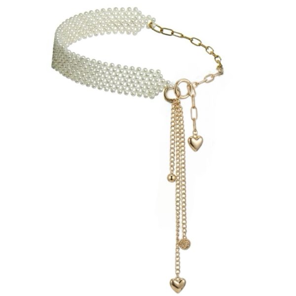 LeaLab | חגורת מותן משובצת פנינים עם שרשראות זהב ותליוני לבבות ליאלב