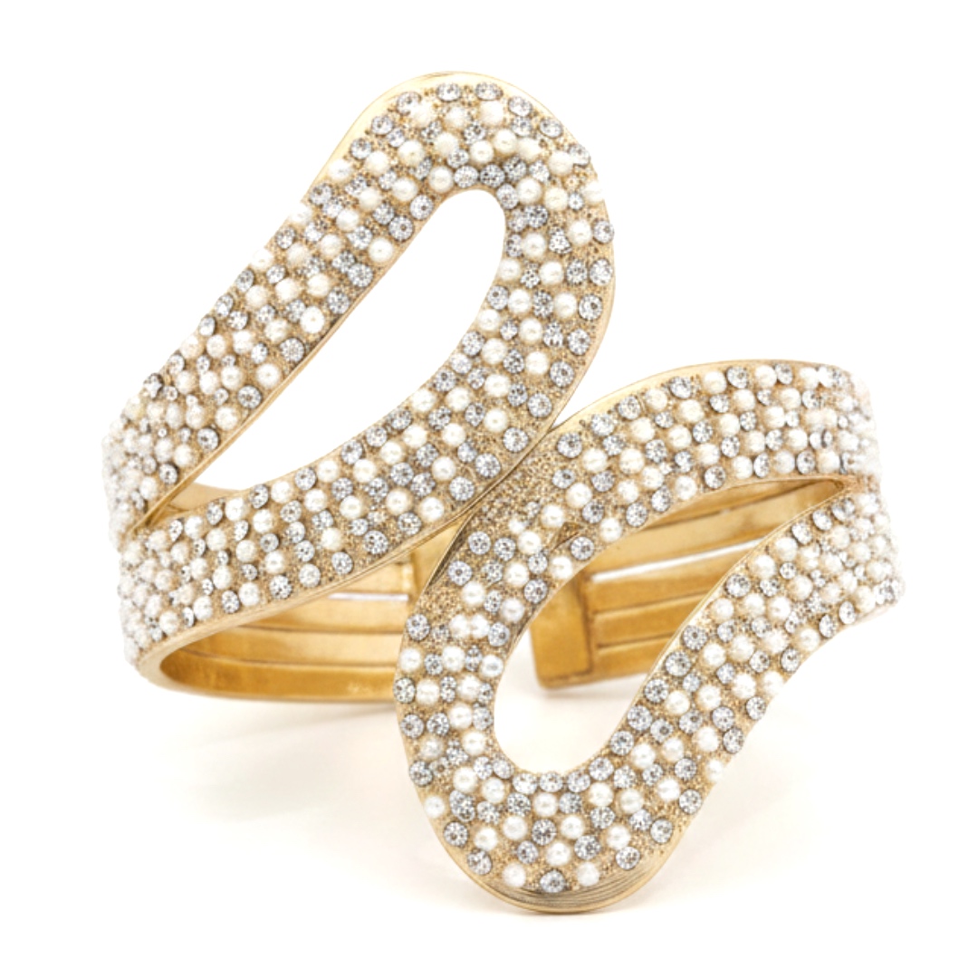 Joyas -צמיד קאף "פנינת האור" משובץ קריסטלים וחרוזים זהב ג'ויה