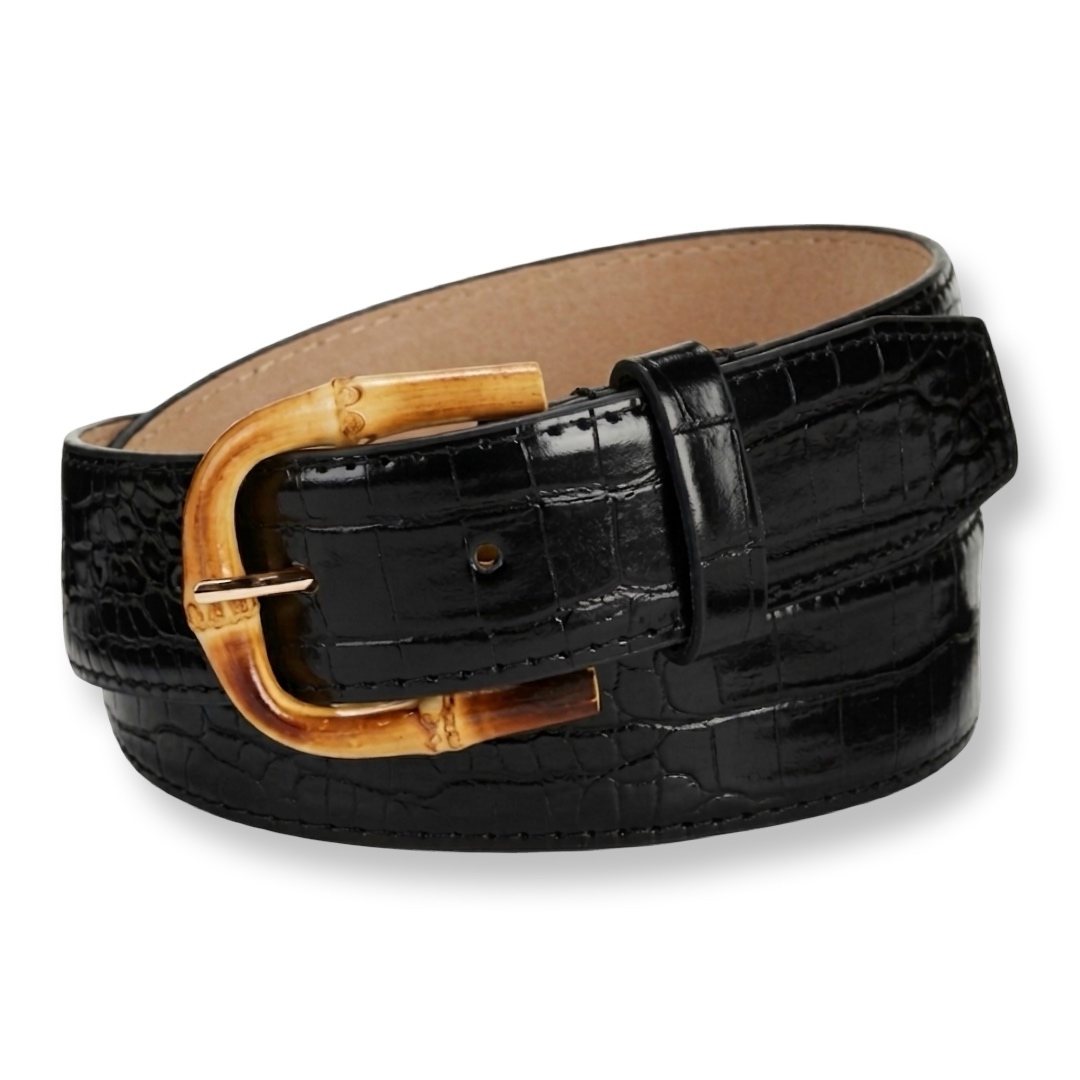 Steve Madden | חגורה שחורה אבזם עץ סטיב מאדן