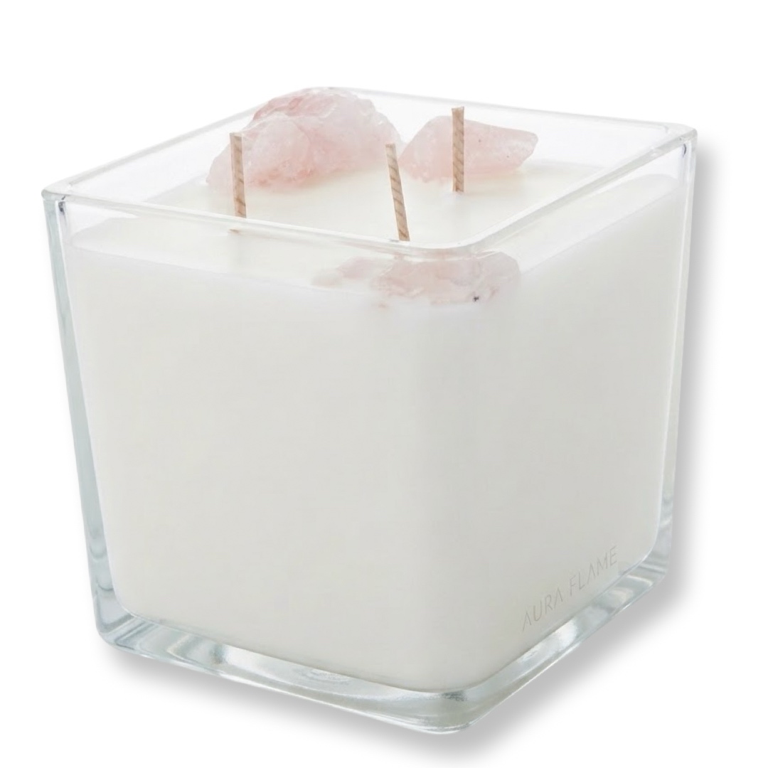Rose Quartz Romance & Musk Vanilla Candle-נר יוקרתי גדול בניחוח פינק מאסק ווניל שחור עם קריסטלים רוז קוורץ