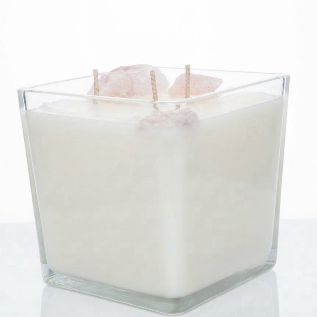 Rose Quartz Romance & Musk Vanilla Candle-נר יוקרתי גדול בניחוח פינק מאסק ווניל שחור עם קריסטלים רוז קוורץ