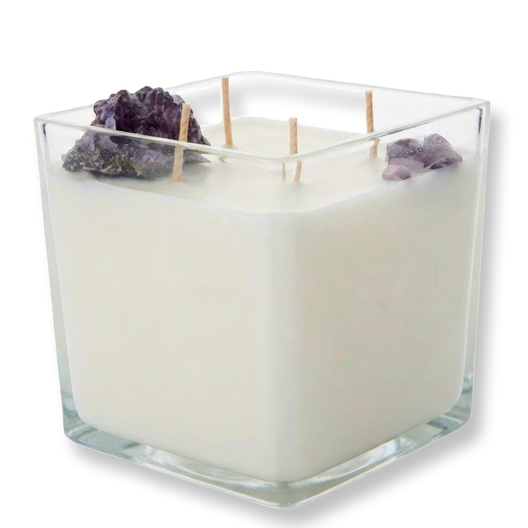 Amethyst Soul & Aura Bloom Candle-נר יוקרתי גדול בניחוח לילך ויסמין עם מושבת אמטיסט