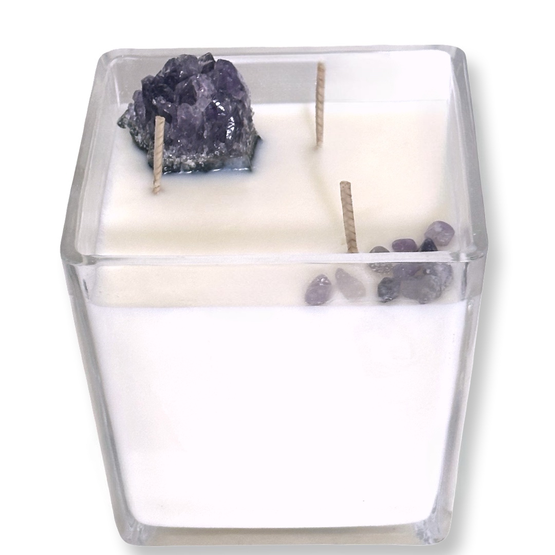 Amethyst Soul & Aura Bloom Candle-נר יוקרתי גדול בניחוח לילך ויסמין עם מושבת אמטיסט