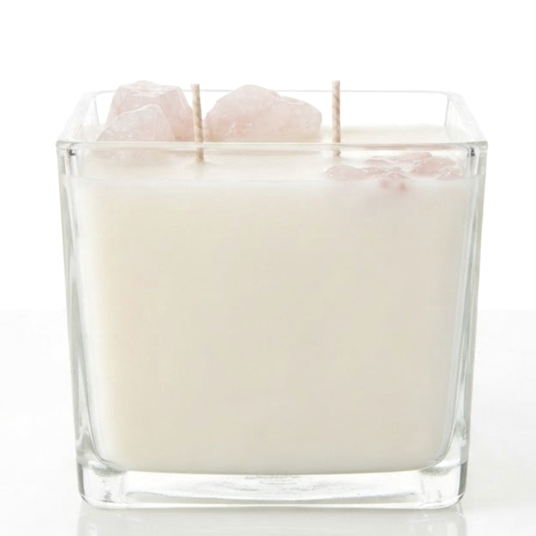 Rose Quartz Romance & Musk Vanilla Candle-נר יוקרתי גדול בניחוח פינק מאסק ווניל שחור עם קריסטלים רוז קוורץ