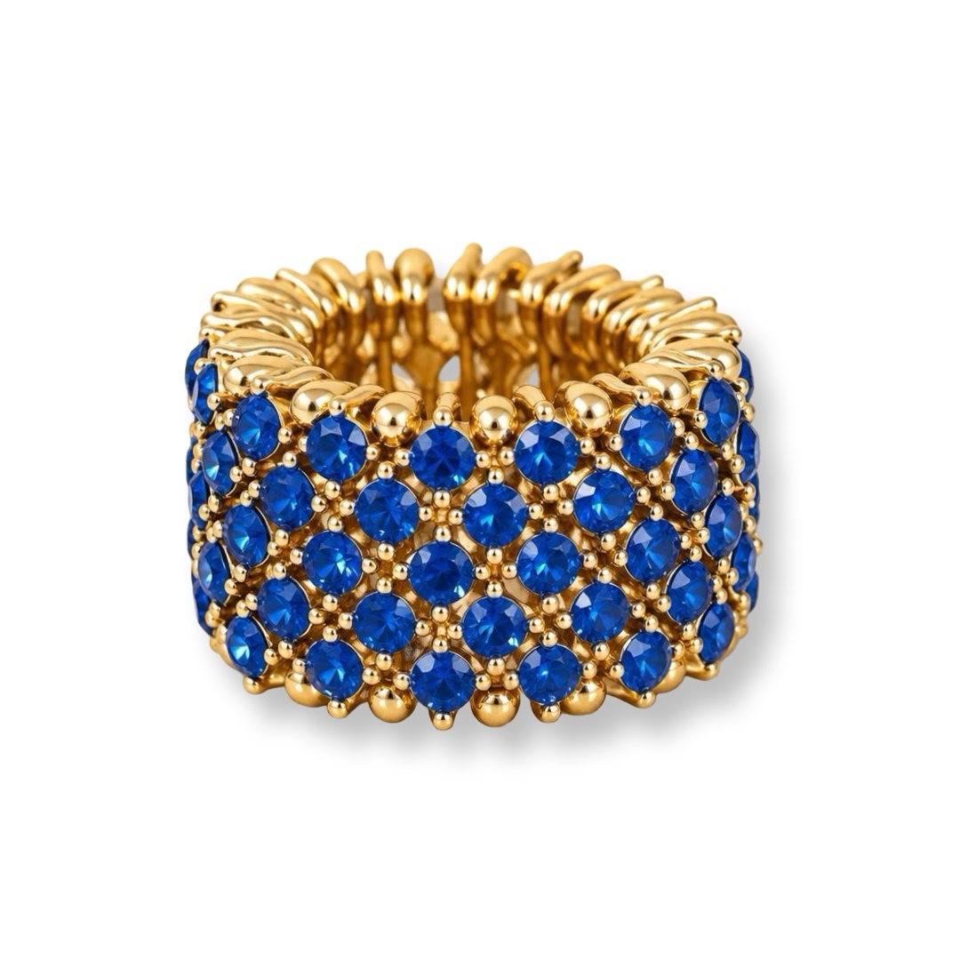 Joyas -טבעת רחבה רויאל גלאם משובץ קריסטלים צבע כחול-זהב ג'ויה