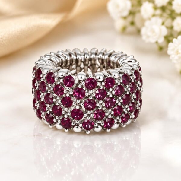 Joyas -טבעת רחבה רויאל גלאם משובץ קריסטלים צבע כסף-בורדו ג'ויה